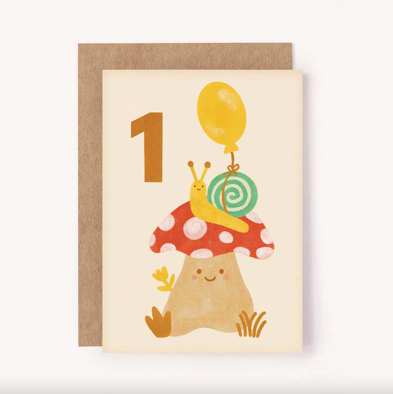 LAUREN SISSONS STUDIO AGE 1 MUSHROOM SNAIL BIRTHDAY CARD