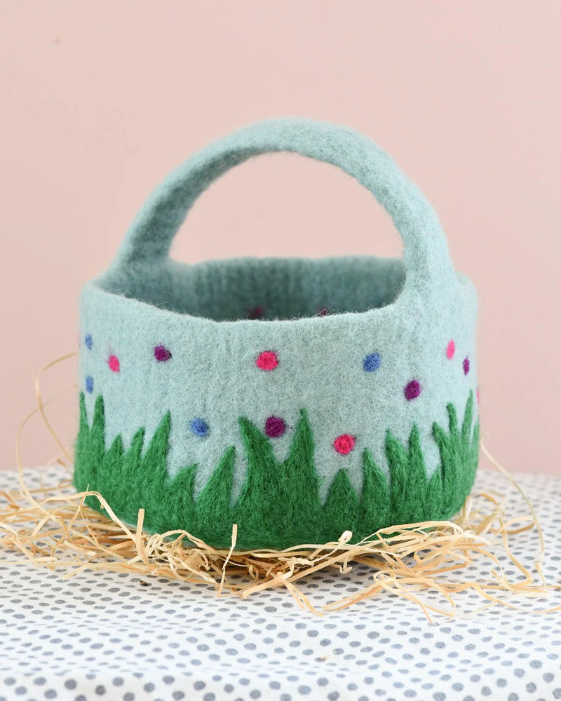 TARA TREASURES FELT BLUE BASKET COLOURFUL DOTS