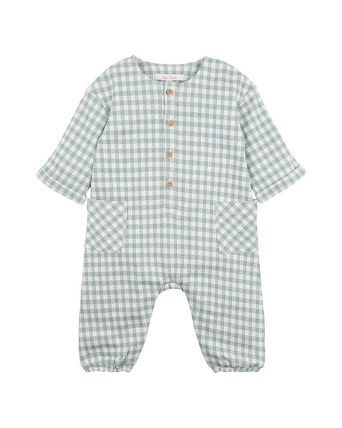 FOX & FINCH BUG GREEN CHECK ROMPER