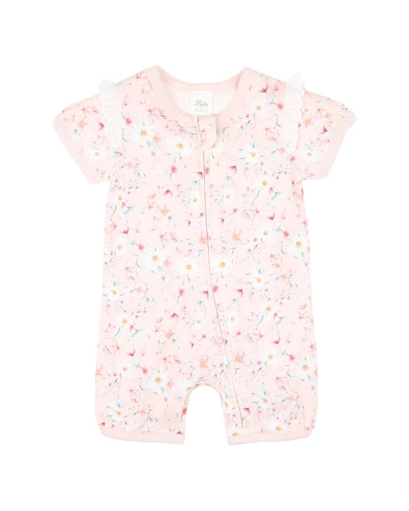 BEBE ZOE PRINT SHORT SLEEVE ZIP ROMPER