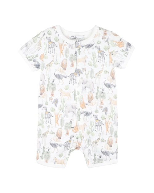 BEBE ELLIS PRINT SS ZIP ROMPER